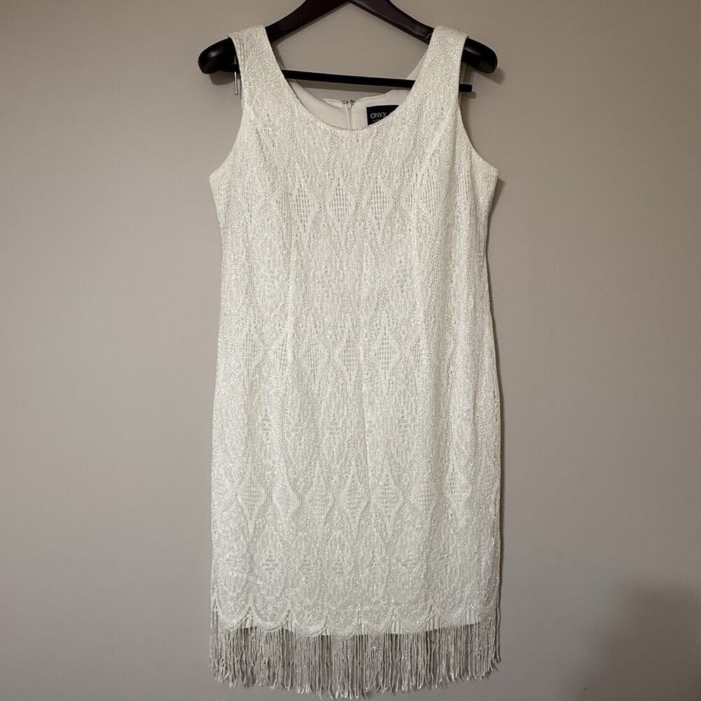 VTG Onyx Nite SIZE 16 Shimmer Crochet Midi Dress Fringe Formal 20s Flapper Ivory